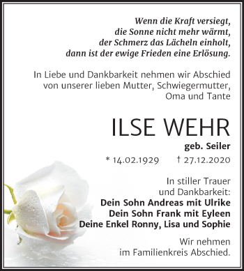 Traueranzeige von Ilse Wehr von Mitteldeutsche Zeitung Weißenfels