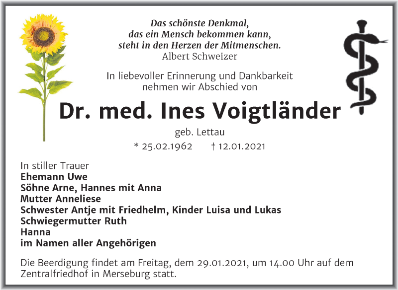  Traueranzeige für Ines Voigtländer vom 23.01.2021 aus Mitteldeutsche Zeitung Merseburg/Querfurt