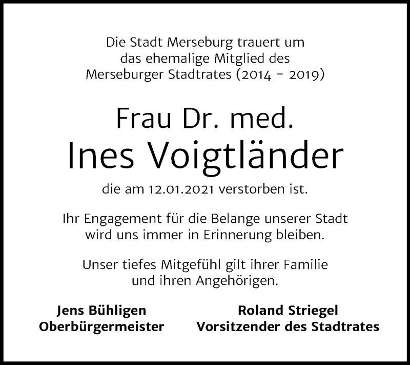  Traueranzeige für Ines Voigtländer vom 30.01.2021 aus Mitteldeutsche Zeitung Merseburg/Querfurt