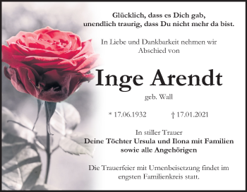 Traueranzeige von Inge Arendt von Mitteldeutsche Zeitung Bitterfeld