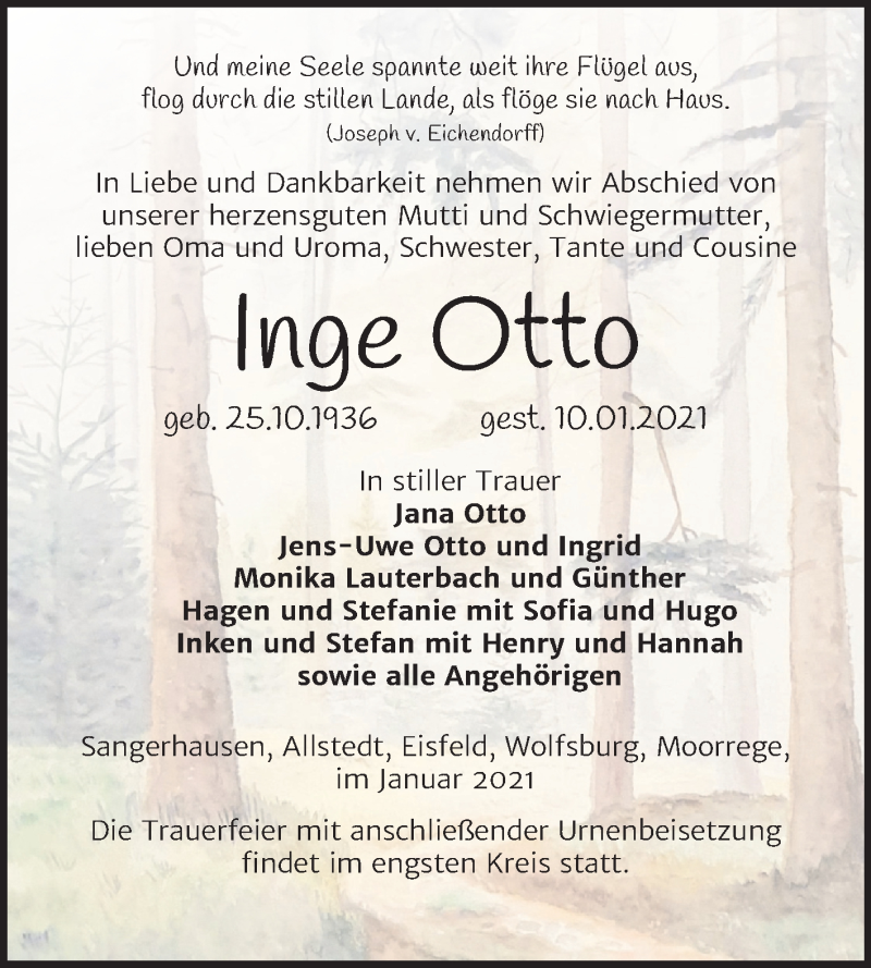  Traueranzeige für Inge Otto vom 16.01.2021 aus Mitteldeutsche Zeitung Sangerhausen