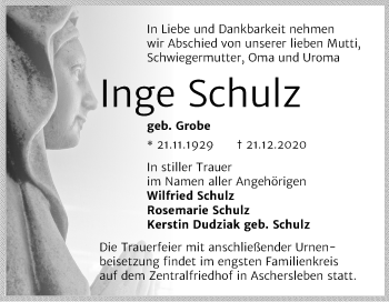 Traueranzeige von Inge Schulz von Mitteldeutsche Zeitung Aschersleben