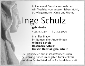 Traueranzeige von Inge Schulz von Super Sonntag Aschersleben