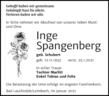 Traueranzeige von Inge Spangenberg von Super Sonntag Merseburg/Querfurt