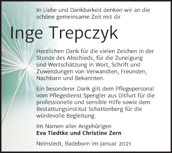 Traueranzeige von Inge Trepczyk von Super Sonntag Quedlinburg