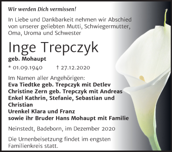 Traueranzeige von Inge Trepczyk von Super Sonntag Quedlinburg