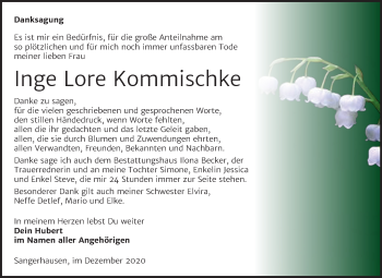 Traueranzeige von Inge Lore Kommischke von Mitteldeutsche Zeitung Sangerhausen