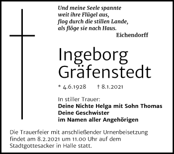 Traueranzeige von Ingeborg Gräfenstedt von Mitteldeutsche Zeitung Halle/Saalkreis