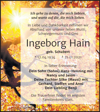Traueranzeige von Ingeborg Hain von Mitteldeutsche Zeitung Dessau-Roßlau
