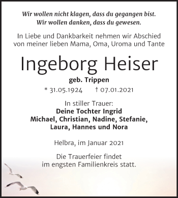 Traueranzeige von Ingeborg Heiser von Super Sonntag Mansfelder Land