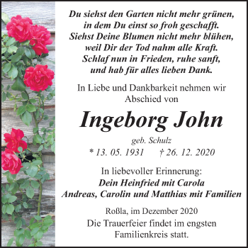 Traueranzeige von Ingeborg John von Super Sonntag Sangerhausen