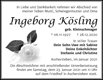 Traueranzeige von Ingeborg Kösling von Mitteldeutsche Zeitung Aschersleben
