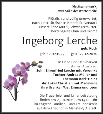 Traueranzeige von Ingeborg Lerche von Mitteldeutsche Zeitung Mansfelder Land