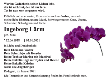 Traueranzeige von Ingeborg Lärm von Super Sonntag Köthen