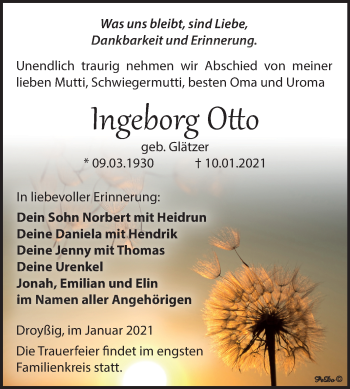 Traueranzeige von Ingeborg Otto von Super Sonntag Zeitz