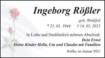 Traueranzeige von Ingeborg Rößler von Mitteldeutsche Zeitung Sangerhausen