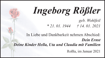 Traueranzeige von Ingeborg Rößler von Super Sonntag Sangerhausen