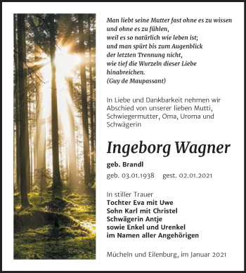 Traueranzeige von Ingeborg Wagner von Mitteldeutsche Zeitung Merseburg/Querfurt