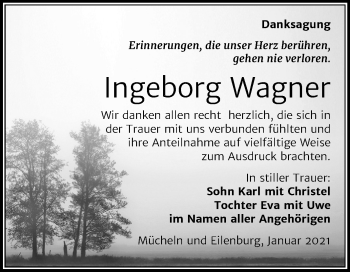 Traueranzeige von Ingeborg Wagner von Super Sonntag Merseburg/Querfurt