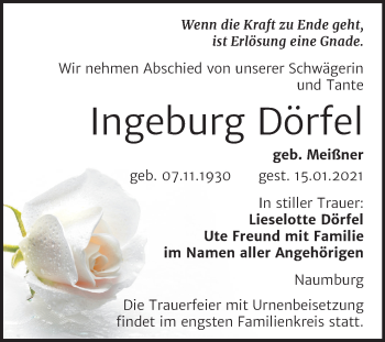 Traueranzeige von Ingeburg Dörfel von Mitteldeutsche Zeitung Naumburg/Nebra