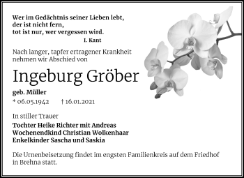 Traueranzeige von Ingeburg Gröber von Mitteldeutsche Zeitung Bitterfeld
