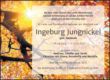 Traueranzeige von Ingeburg Jungnickel von Super Sonntag Merseburg/Querfurt