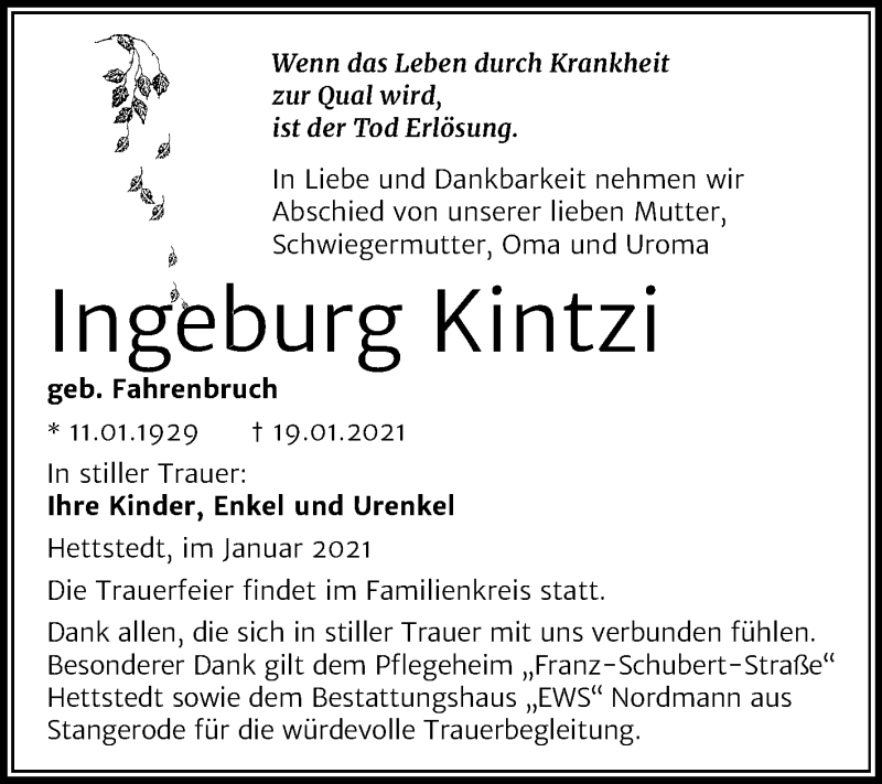  Traueranzeige für Ingeburg Kintzi vom 23.01.2021 aus Mitteldeutsche Zeitung Mansfelder Land
