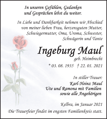 Traueranzeige von Ingeburg Maul von Mitteldeutsche Zeitung Sangerhausen