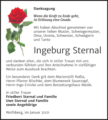 Traueranzeige von Ingeburg Sternal von Mitteldeutsche Zeitung Sangerhausen