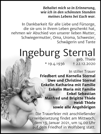 Traueranzeige von Ingeburg Sternal von Mitteldeutsche Zeitung Sangerhausen