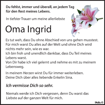 Traueranzeige von Ingrid  von Mitteldeutsche Zeitung Zeitz