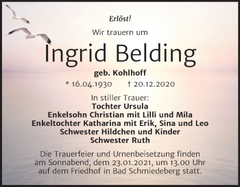 Traueranzeige von Ingrid Belding von Mitteldeutsche Zeitung Wittenberg