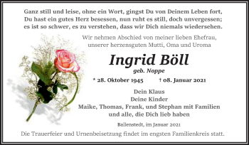 Traueranzeige von Ingrid Böll von Super Sonntag Quedlinburg