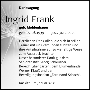 Traueranzeige von Ingrid Frank von Super Sonntag Wittenberg