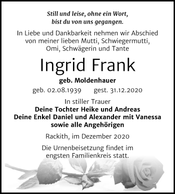 Traueranzeige von Ingrid Frank von Super Sonntag Wittenberg