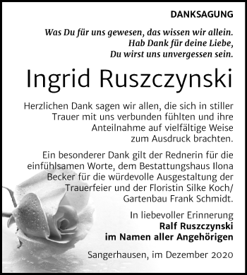 Traueranzeige von Ingrid Ruszczynski von Super Sonntag Sangerhausen