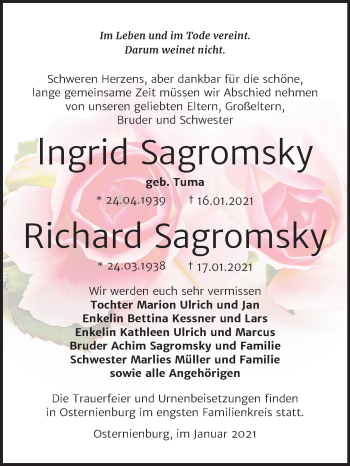 Traueranzeige von Ingrid und Richard Sagromsky von Super Sonntag Köthen