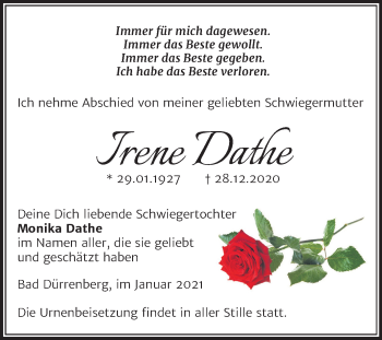 Traueranzeige von Irene Dathe von Super Sonntag Merseburg/Querfurt