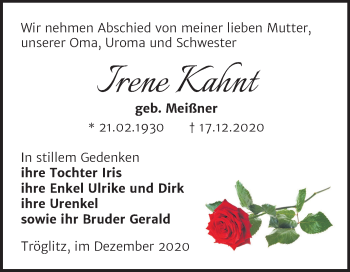 Traueranzeige von Irene Kahnt von Super Sonntag Zeitz