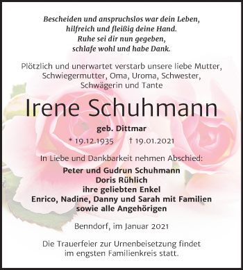 Traueranzeige von Irene Schuhmann von Mitteldeutsche Zeitung Mansfelder Land
