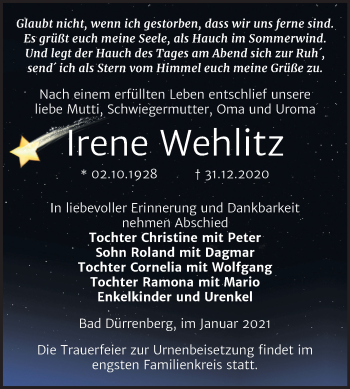 Traueranzeige von Irene Wehlitz von Mitteldeutsche Zeitung Merseburg/Querfurt