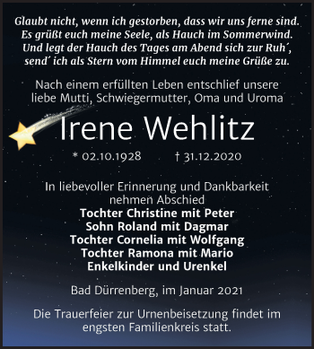 Traueranzeige von Irene Wehlitz von Super Sonntag Merseburg/Querfurt