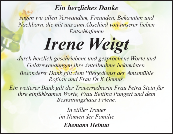 Traueranzeige von Irene Weigt von Mitteldeutsche Zeitung Dessau-Roßlau / Wittenberg