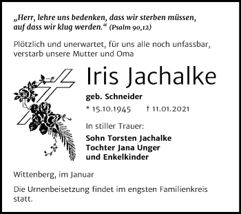 Traueranzeige von Iris Jachalke von Super Sonntag Wittenberg