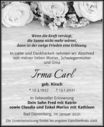 Traueranzeige von Irma Carl von Super Sonntag Merseburg/Querfurt