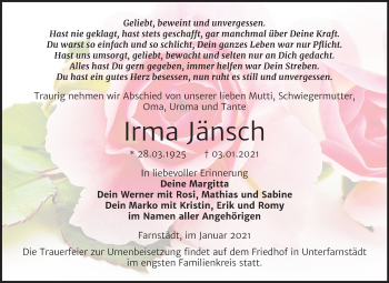 Traueranzeige von Irma Jänsch von Mitteldeutsche Zeitung Merseburg/Querfurt