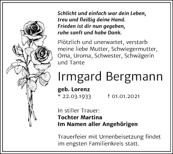 Traueranzeige von Irmgard Bergmann von Mitteldeutsche Zeitung Bitterfeld