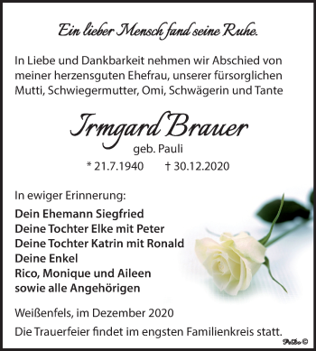 Traueranzeige von Irmgard Brauer von Super Sonntag Weißenfels