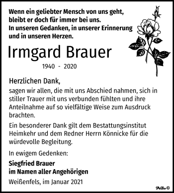 Traueranzeige von Irmgard Brauer von Super Sonntag Weißenfels