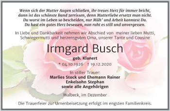 Traueranzeige von Irmgard Busch von Super Sonntag Mansfelder Land